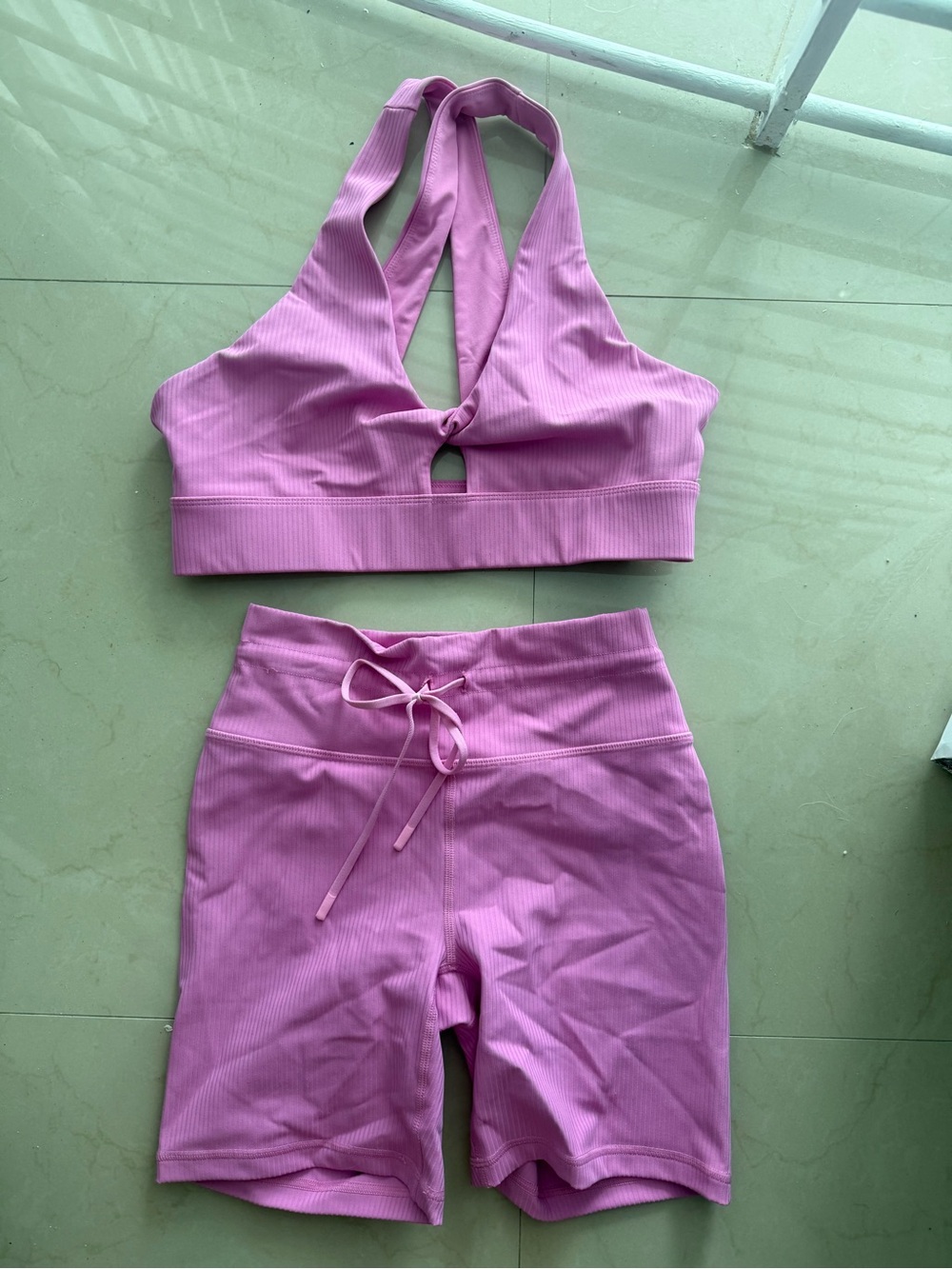 Women's Pink Ribbed High-Waist Shorts & Sports Bra Set - Fabletics